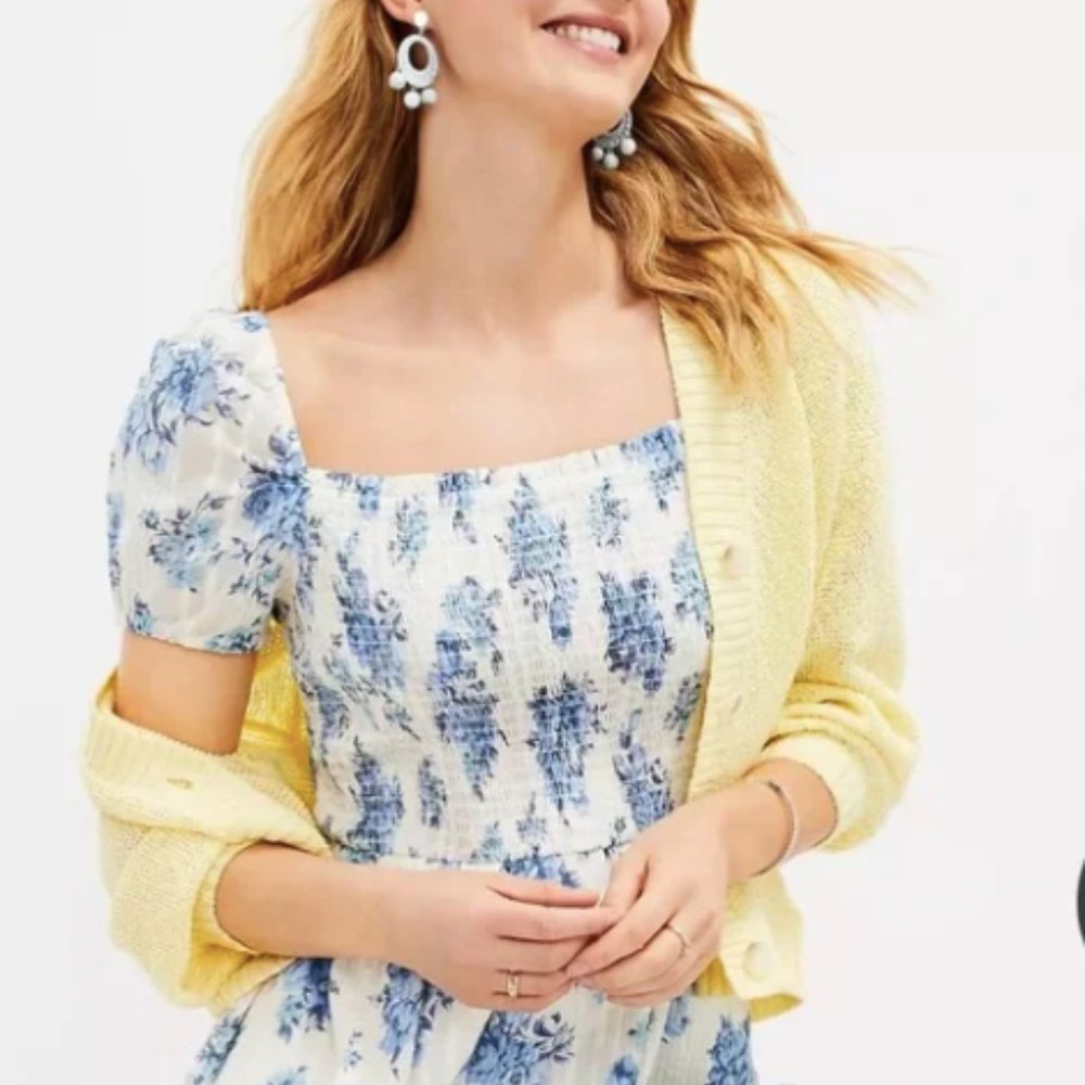LOFT Floral Puff Sleeve Smocked Midi Dress with Pockets
